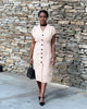 Light beige V-neck button midi dress with short sleeves and front buttons