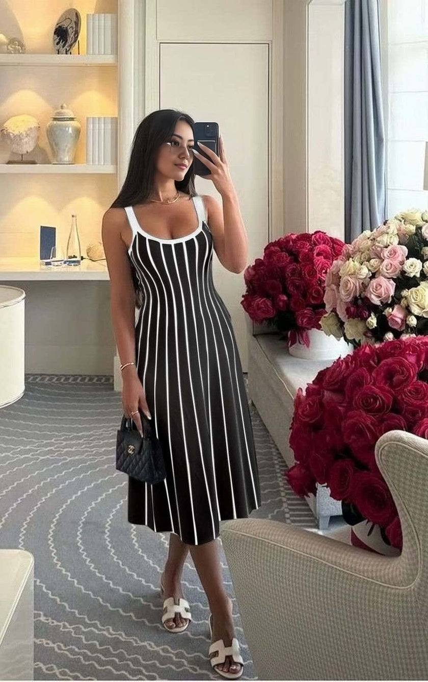 Striped knit midi dress with white vertical stripes on black, sleeveless