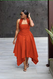 Women's ruffled halter ruched asymmetric midi dress in neutral solid tones - view 2