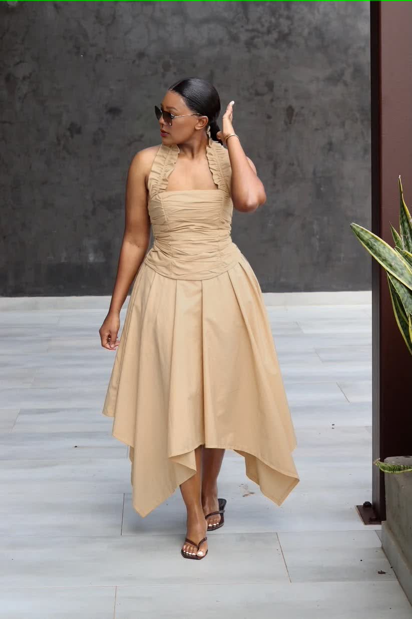 Women's ruffled halter ruched asymmetric midi dress in neutral solid tones - view 3
