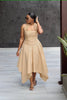 Women's ruffled halter ruched asymmetric midi dress in neutral solid tones - view 3