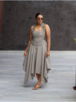 Women's ruffled halter ruched asymmetric midi dress in neutral solid tones - view 1