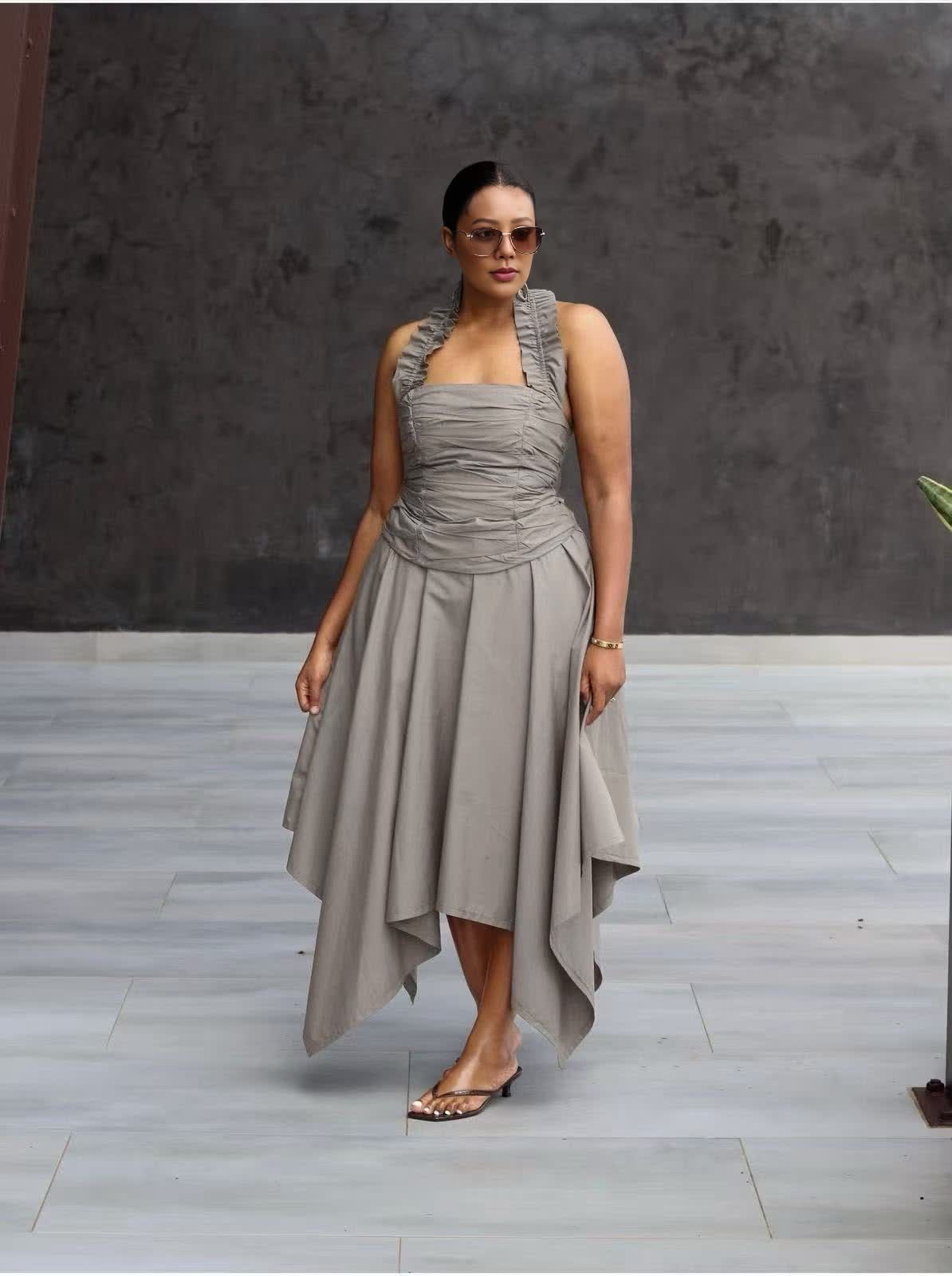 Women's ruffled halter ruched asymmetric midi dress in neutral solid tones - view 1