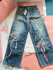 Women Wide Leg Jeans Rhinestone Chain Ribbon Print Street Fashion Outfit