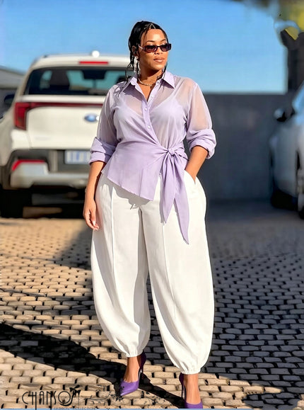 Pastel lavender wrap-front collared long-sleeve shirt with waist tie and button placket