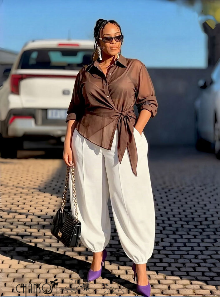 Coffee-brown wrap-front collared long-sleeve shirt with waist tie and button front