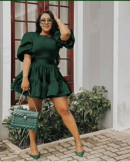 Dark green puff-sleeve mini dress with ruffle peplum hem