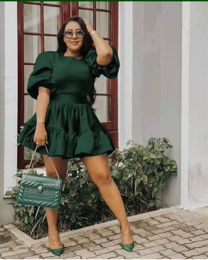 Dark green puff-sleeve mini dress with ruffle peplum hem