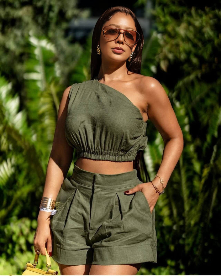 Army green off-shoulder smocked crop top with matching pleated shorts set