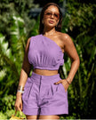 Light purple off-shoulder smocked crop top with matching pleated shorts set