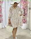 Geometric puff sleeve tiered V-neck dress, white with black abstract print
