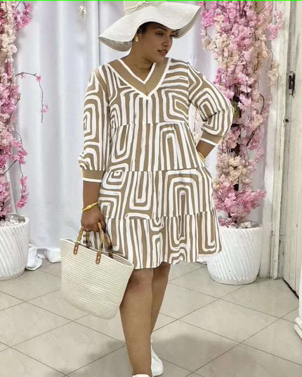 Geometric puff sleeve tiered V-neck dress, white with black abstract print