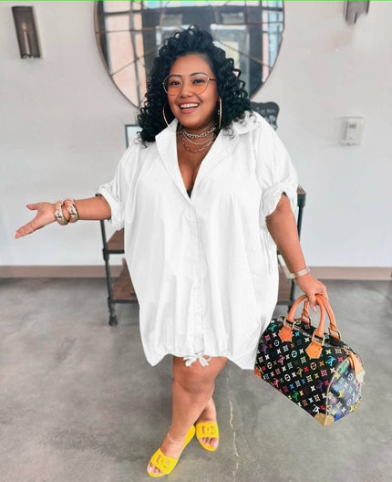 Loose fit shirt dress, white button-up V-neck with drawstring hem and short sleeves