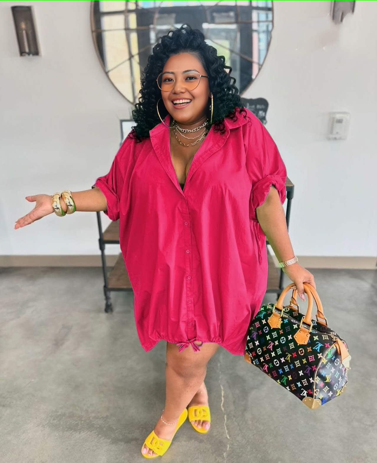 Loose fit shirt dress, deep pink button-up V-neck with drawstring hem and short sleeves
