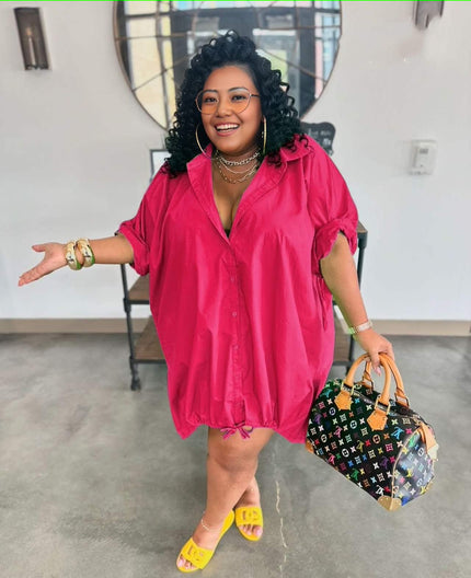 Loose fit shirt dress, deep pink button-up V-neck with drawstring hem and short sleeves
