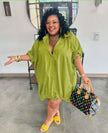 Loose fit shirt dress, lime green button-up V-neck with drawstring hem and short sleeves