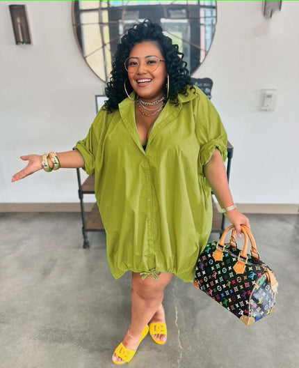 Loose fit shirt dress, lime green button-up V-neck with drawstring hem and short sleeves