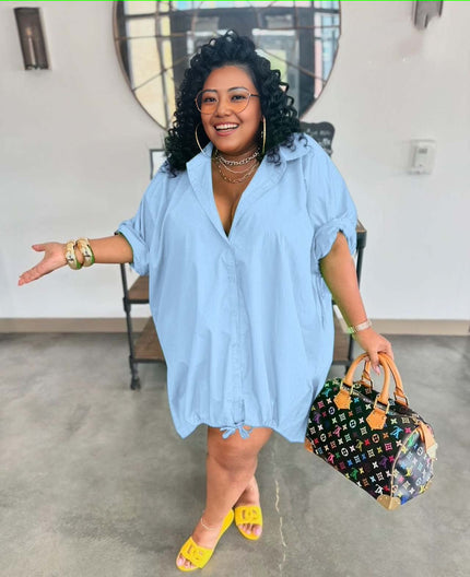 Loose fit shirt dress, sky blue button-up V-neck with drawstring hem and short sleeves