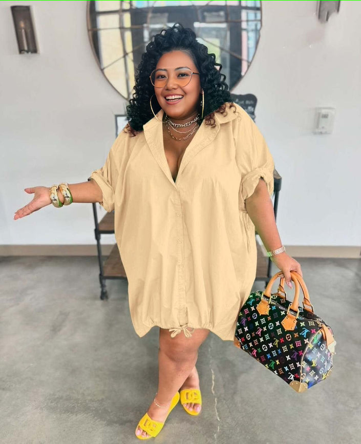 Loose fit shirt dress, beige button-up V-neck with drawstring hem and short sleeves
