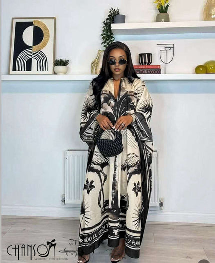 FashionPrice kaftan dress, tropical flamingo print with wide sleeves
