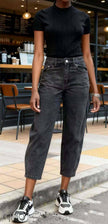 High-waist cropped barrel-leg jeans, black denim with button closure and belt loops