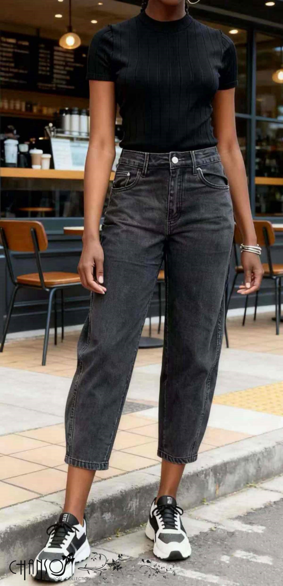 High-waist cropped barrel-leg jeans, black denim with button closure and belt loops
