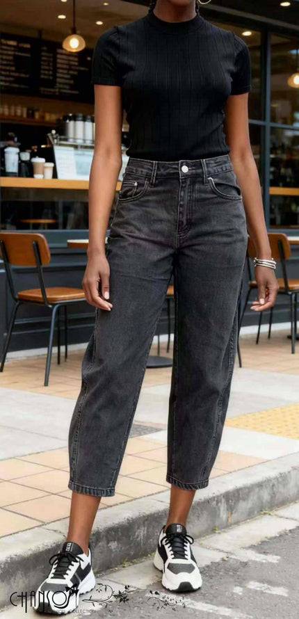 High-waist black cropped barrel-leg jeans with button fly and front pockets