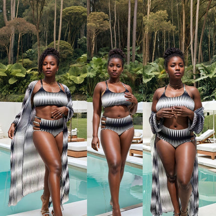 Black-and-white striped bikini set with matching long cover-up draped sleeves