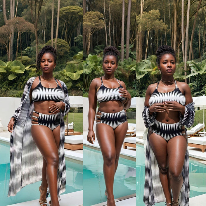 Black-and-white striped bikini set with matching long cover-up draped sleeves
