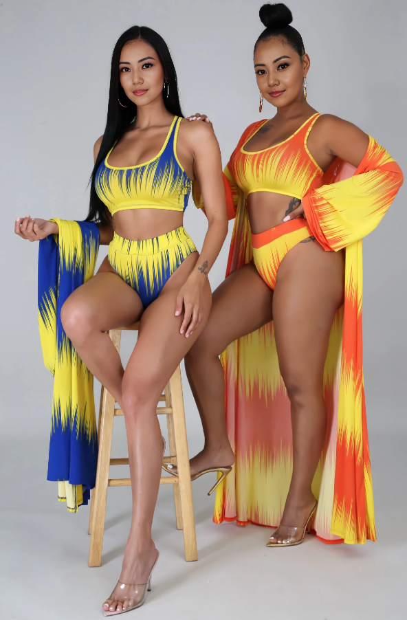 Gradient 3-piece swimsuit set with printed crop top, high-waist bottoms, and cover-up