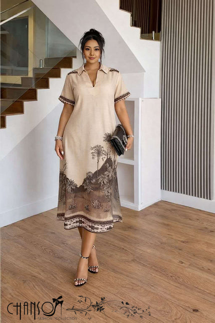 Palm print collared midi dress with short sleeves, light beige with dark floral border