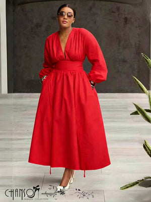Red midi dress with puff sleeves and stretchy ruched waist, V-neck bodice