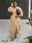 V-neck midi dress in beige with puff sleeves and cinched waist, ruched front