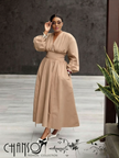 V-neck midi dress in nude with puff sleeves and cinched waist, gathered skirt