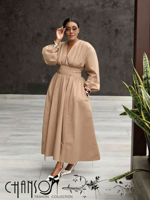 Nude midi dress with balloon puff sleeves and stretch waist, V-neck drape