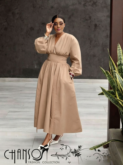 Nude midi dress with balloon puff sleeves and stretch waist, V-neck drape