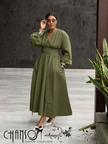 V-neck midi dress in olive green with puff sleeves and cinched waist, gathered hem