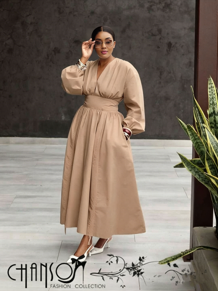 V-neck midi dress in nude with puff sleeves and cinched waist, gathered skirt