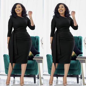 Slim-fit midi dress in black with waist tie, pleated waist, and side slit