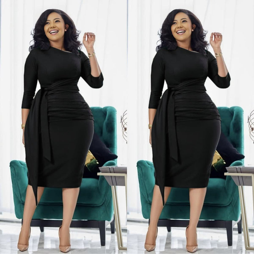 Waist-tie pleated midi dress, black slim fit with wrapped waist tie detail