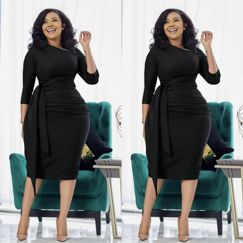 Waist-tie pleated midi dress, black slim fit with wrapped waist tie detail