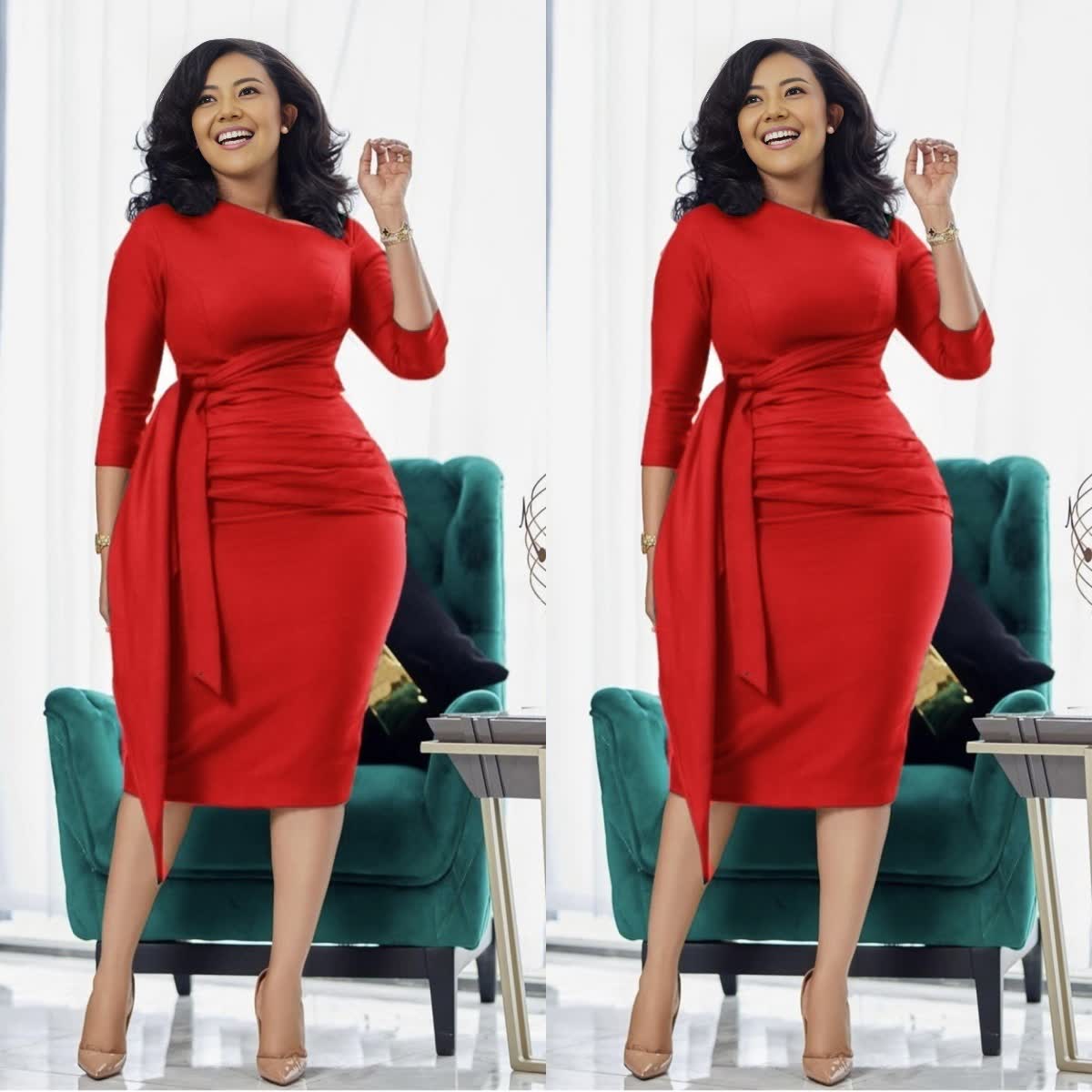 Slim Fit Mid-Length Dress with Side Pleats - Waist Tie Design