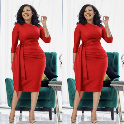 Slim-fit midi dress in red with waist tie, pleated waist, and slit hem