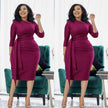Waist-tie pleated midi dress, maroon slim fit with waist drape and pleats