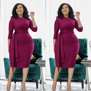 Slim-fit midi dress in maroon with waist tie and pleated front panels