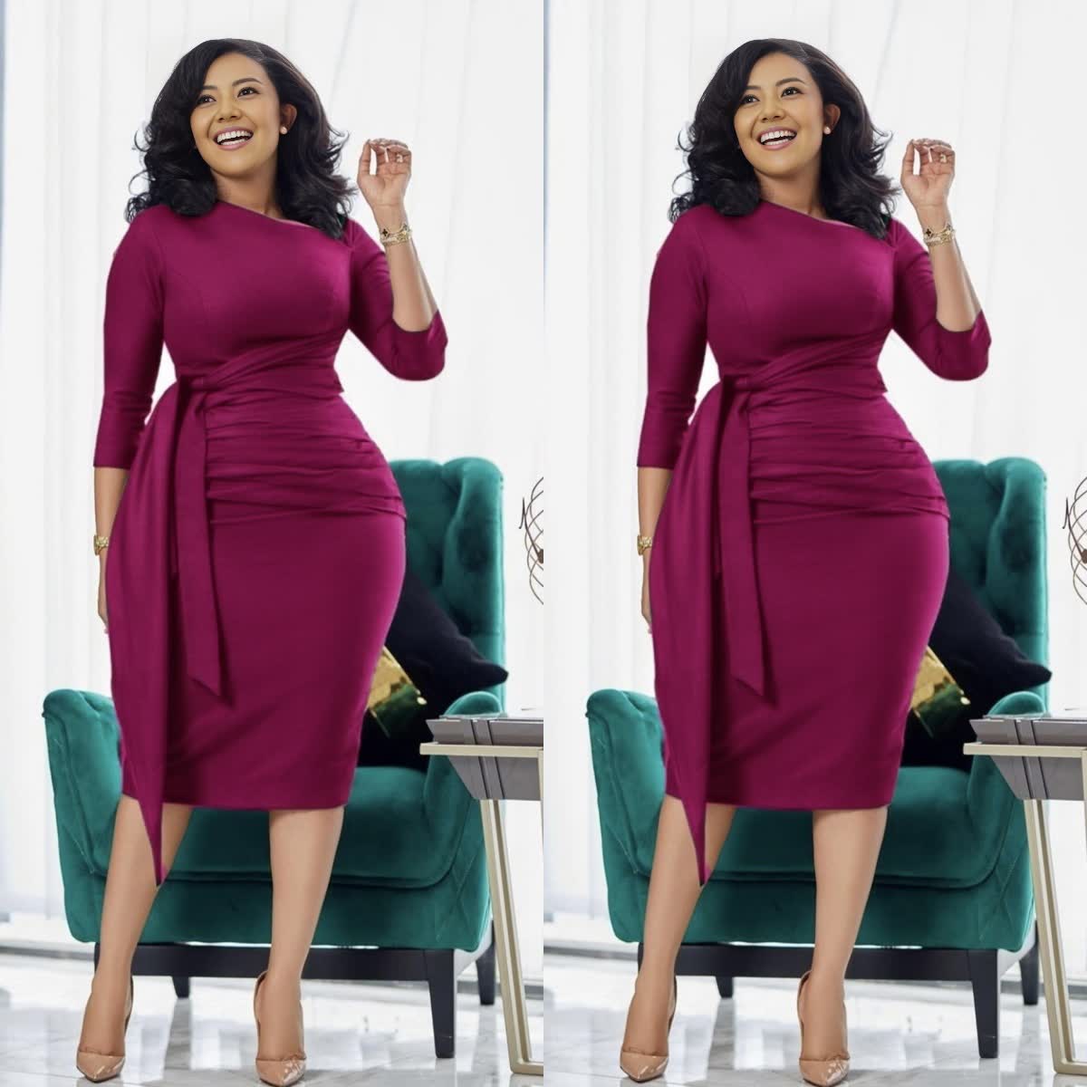 Waist-tie pleated midi dress, maroon slim fit with waist drape and pleats