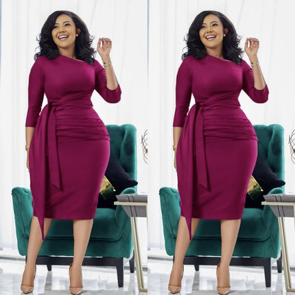 Waist-tie slim fit midi dress, deep maroon with pleated wrap