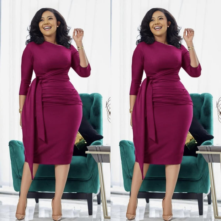 Waist-tie slim fit midi dress, deep maroon with pleated wrap