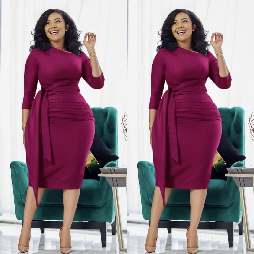Waist-tie pleated midi dress, maroon slim fit with waist drape and pleats