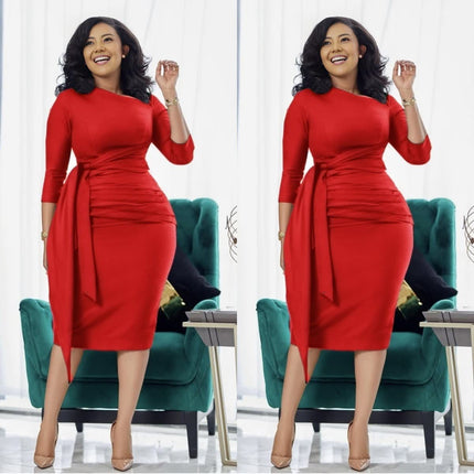 Slim Fit Mid-Length Dress with Side Pleats - Waist Tie Design